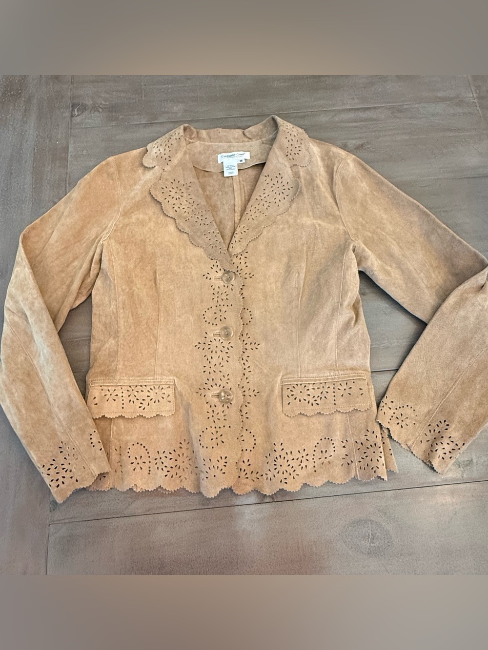 Coldwater Creek Laser Cut Suede Leather Blazer Medium EUC Camel Tan Clean